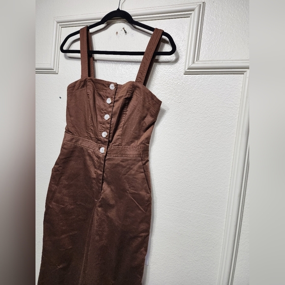 Lulus Practical Charm Brown Twill Button-Front Straight Leg Jumpsuit S Travel - Picture 7 of 10